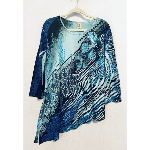 Jess and Jane Top Womens Large Aqua Blue Aquatic Floral Artsy Asymmetrical Hem - Picture 1 of 6